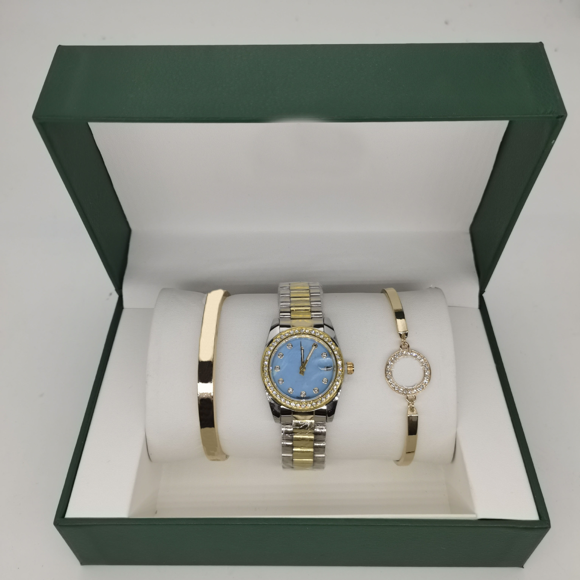 3pc set Luxury Watch for Women, Stainless Steel Strap, Top Sapphire Crystal, Business and Sport Rubber Belt with box