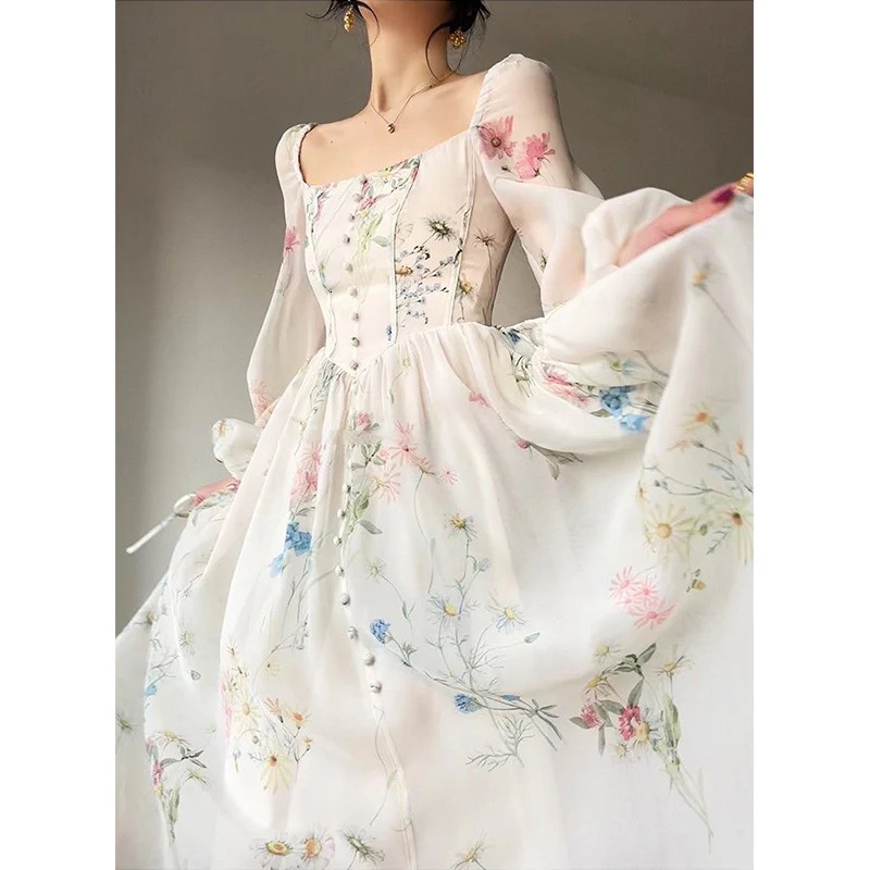 Summer Korean Style Floral Evening Party Dresses Chiffon Long Sleeve Beach Midi Fairy Dress Vestidos De Ocasion Formales 240327
