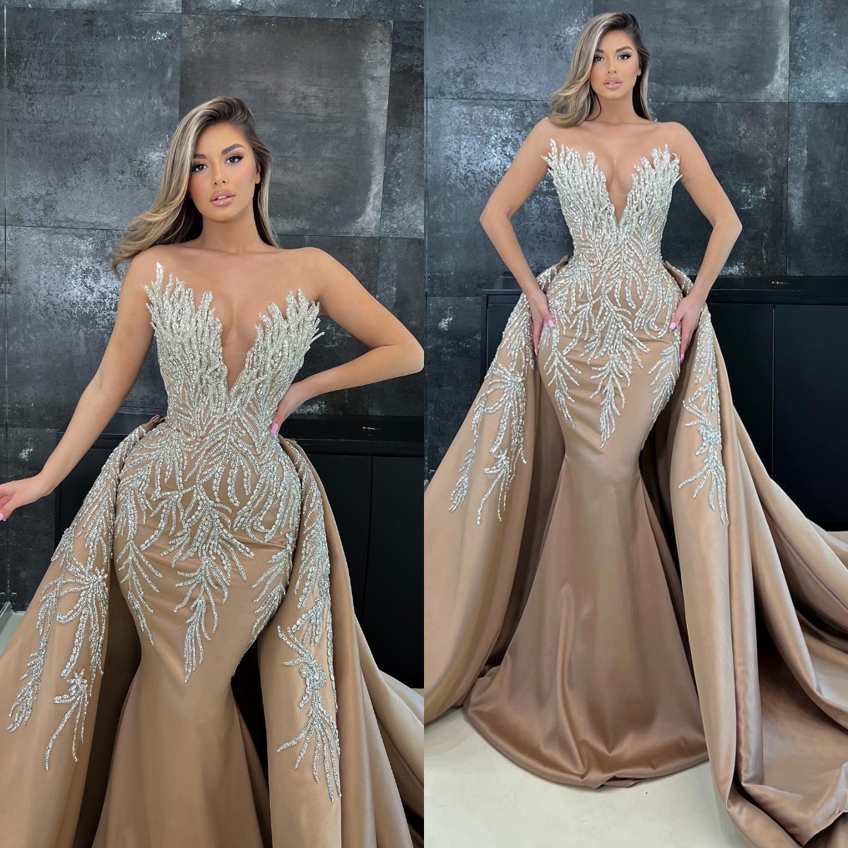 Fabulous Champagne Mermaid Evening With Overskirts V Neck Crystal Formal Party Prom Dress Red Carpet Dresses For Special Ocn Robe De Soiree 0616
