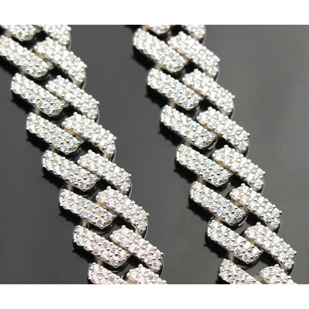 Wonderful Detail 925 Silver 10-18mm Hip Hop Free Fire Moissanite Diamond 2 Rows Bracelet Cuban Link Chain