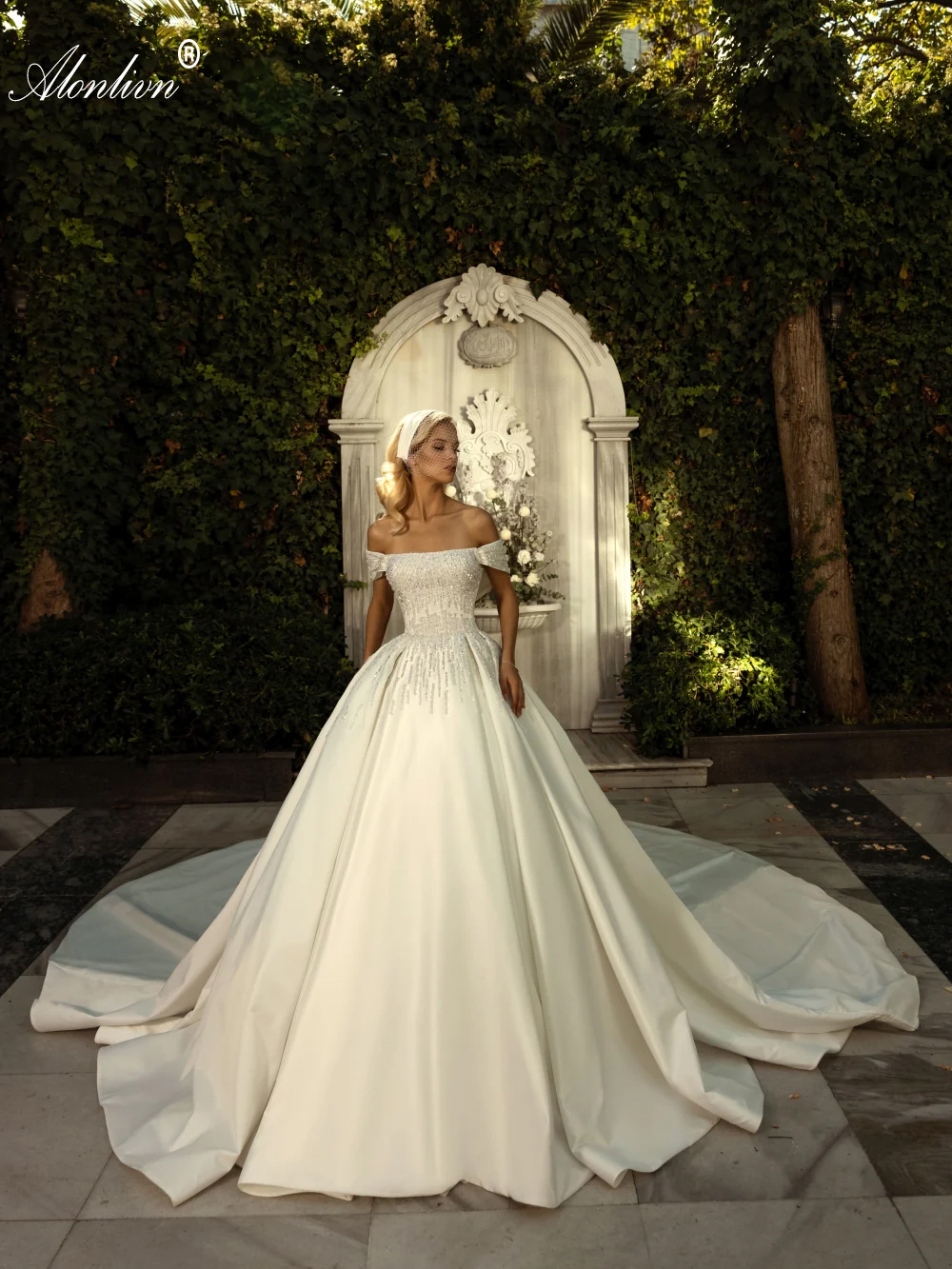Luxury Satin Boat Neck Ball Gown Wedding Dress Robe De Marriage Off Shoulder Sleeves Beading Pearls Elegance Bridal Skirts