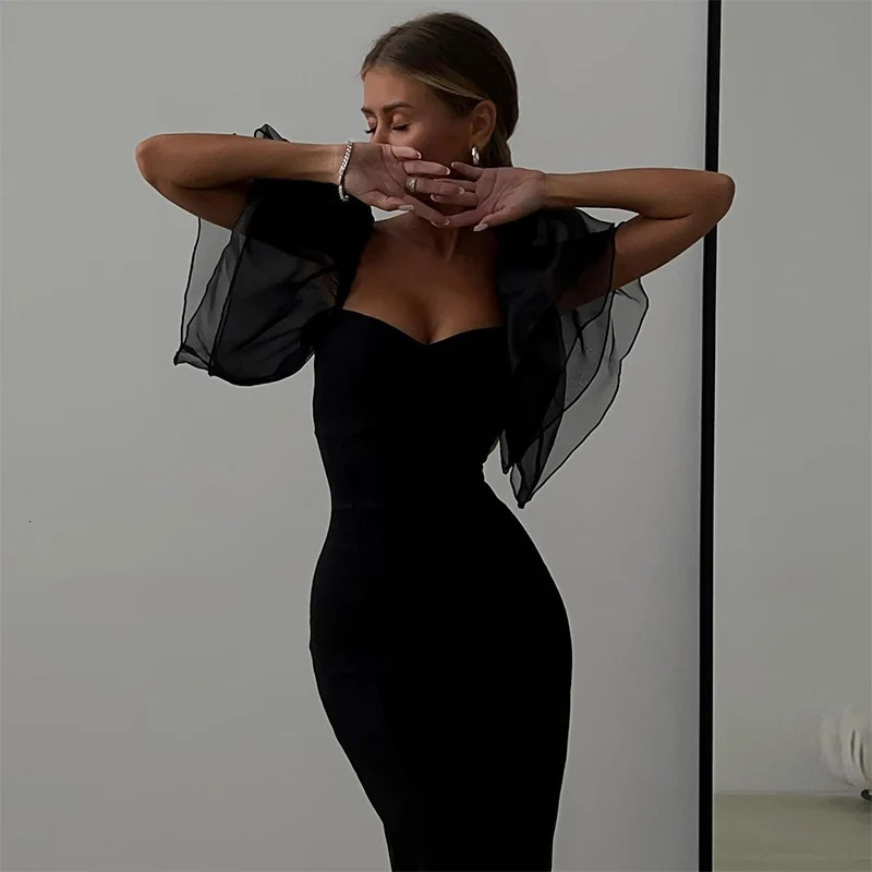 Mesh Butterfly Sleeve Sheath Bodycon Dres Square Neck Midi Robe Femme Solid Black Vestidos Mujer Sexy Lady Party Dresses 240314