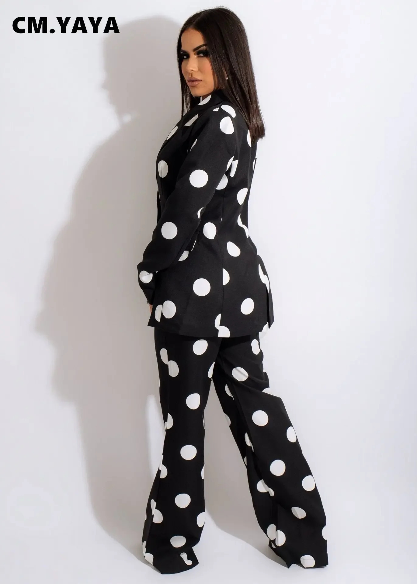CMYAYA Spring Winter Polka Dot Women Two 2Piece Set Outfit Single Breasted Blazer and Straight Pants Suit Office Lady Tracksuit 240327