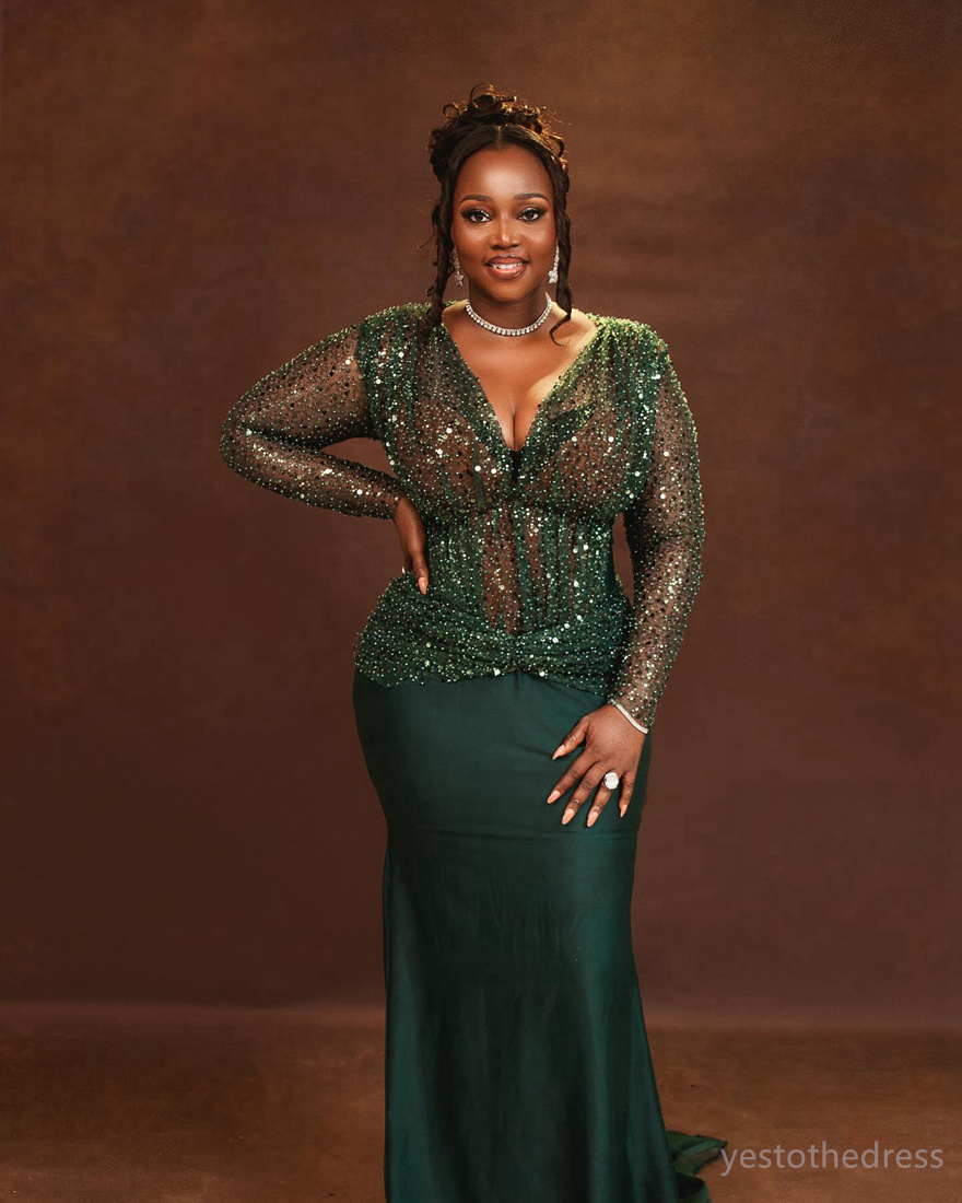 2024 Plus Size Aso Ebi Prom Dresses For Black Women Hunter Green Evening Dresses Elegant Promdress V Neck Long Sleeves Sequined Lace Birthday Dress Fo