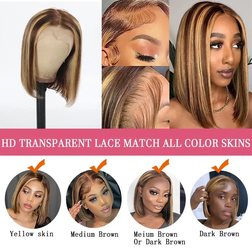 Glueless Highlight Wig Straight 13X4 Front Human Hair Ombre Honey Blonde Middle Part Lace Frontal Wigs