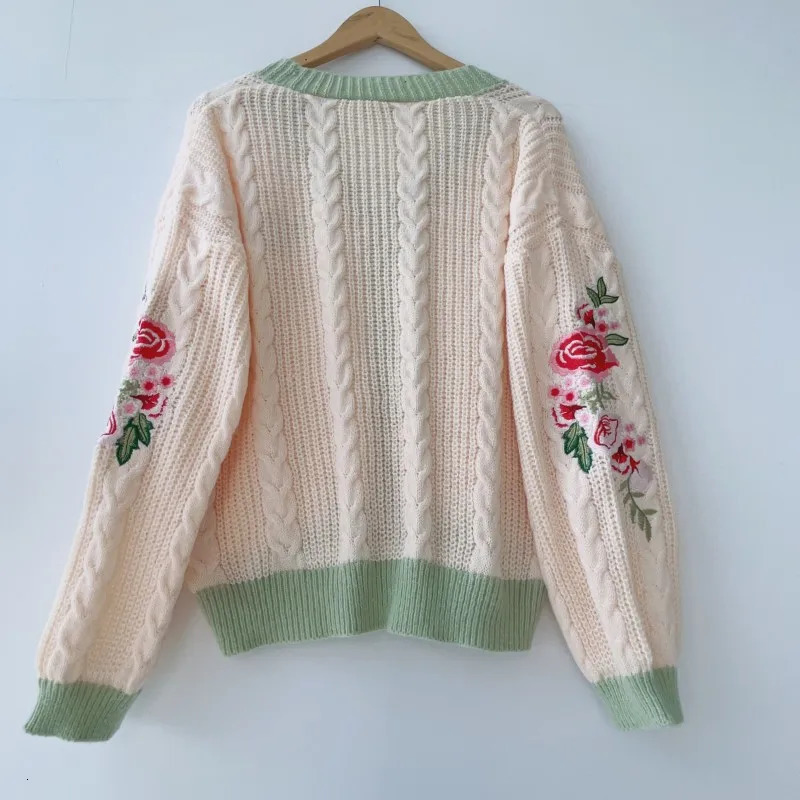 Flower Embroidered Cardigan for Woman 2024 Autumn Winter Knitted Sweater Female Vneck Floral Lantern Sleeve Cardigans Coats 240311