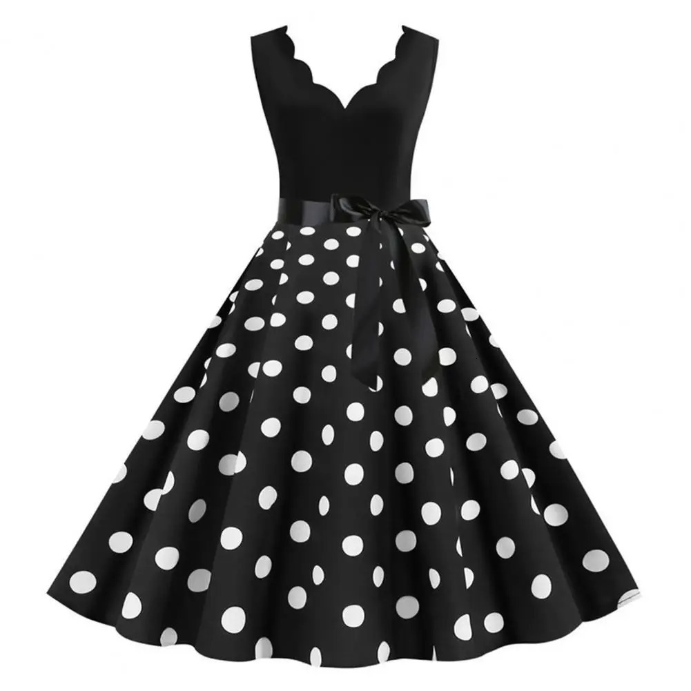 Woman Retro Summer Dresses Audrey Hepburn 50s 60s Rockabilly Vneck Polka Dot Bow Pinup Party Robe Christmas Vestidos S3XL 240327