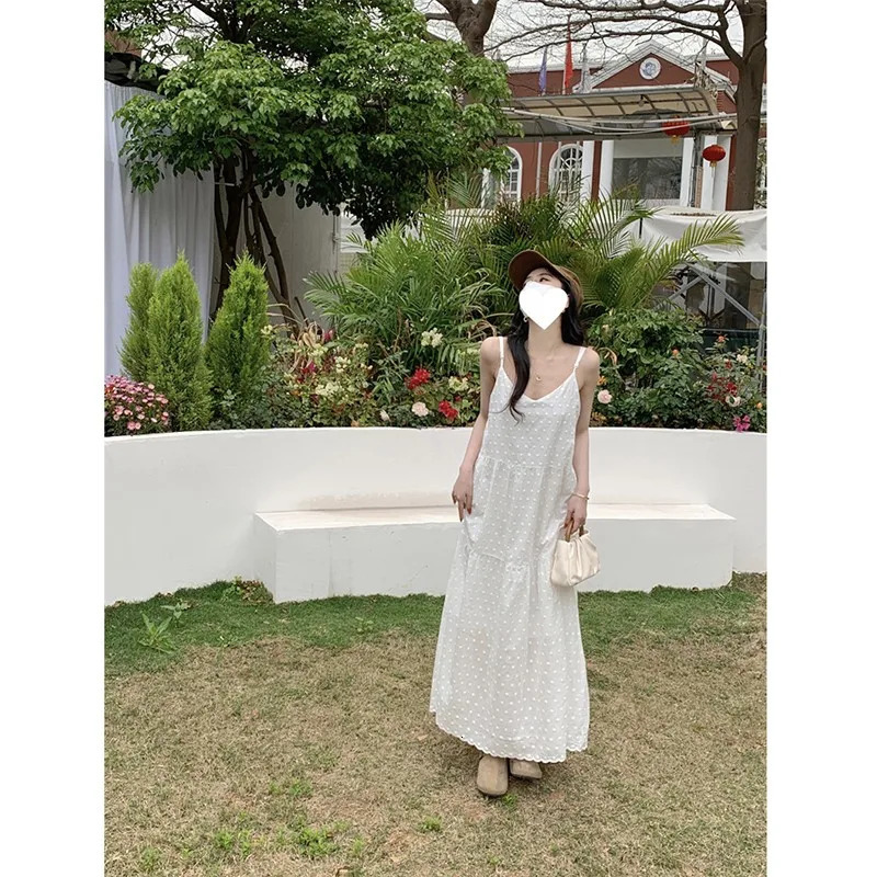 Arrival Summer Korean Style Women Loose Casual Dot Embroidery Aline Sleeveless Patchwork Anklelength Dresses V883 240327
