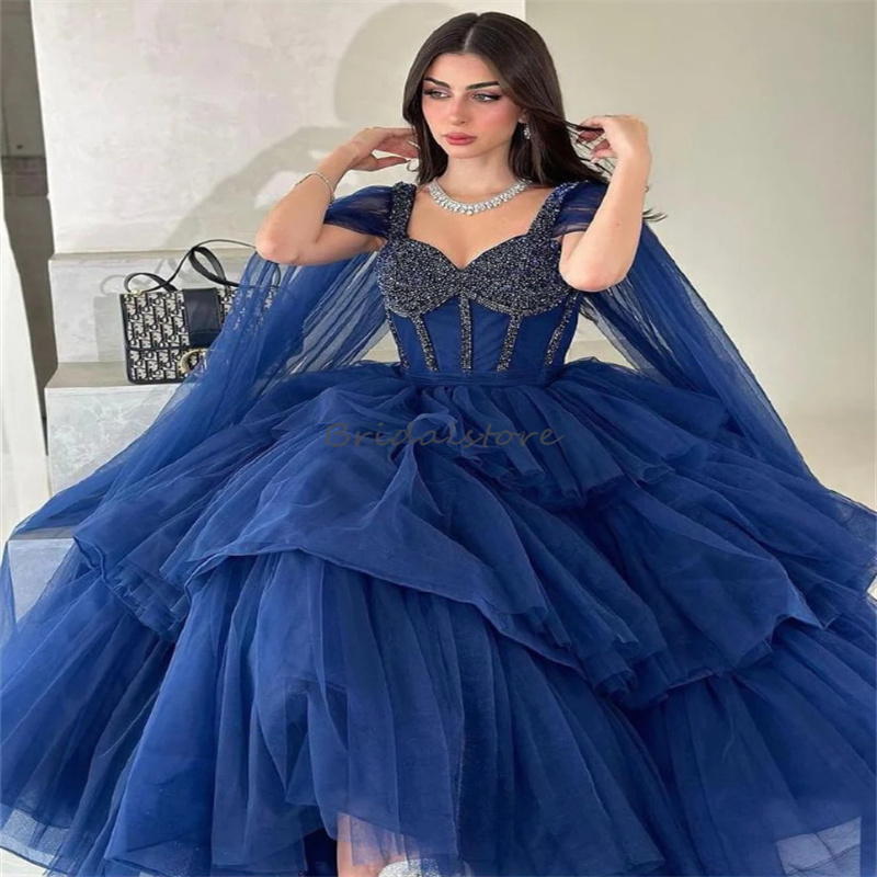 Navy Blue Saudi Arabic Evening Dresses 2024 Cape Sleeves A Line Tiered Tulle Maxi Prom Dress Ankle Length Beaded Formal Birthday Party Dress Turkish V