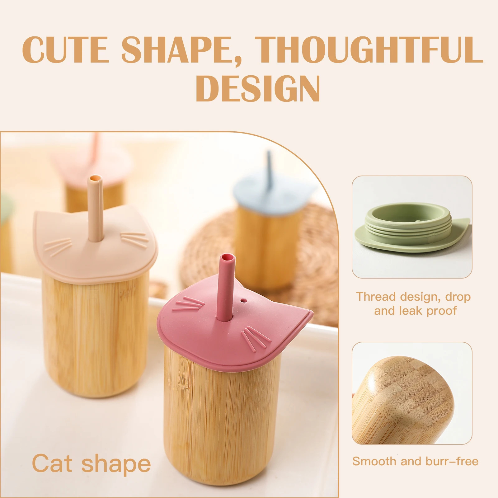 Bopoobo Baby Feeding Cup Silicone Straw BPA Free Detachable Bamboo Wooden Kid Learning Children Soft 240322