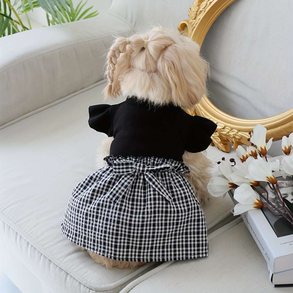 1pc pet dress with plaid bow flying sleeves all season dog and cat clothing