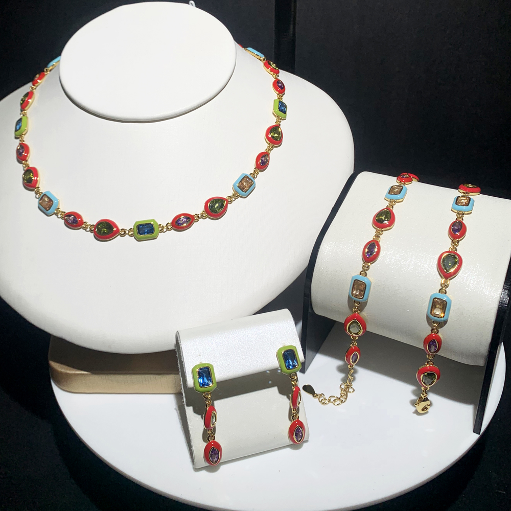 New Fashion Women Girl Jewelry Neon Colorful Enamel Geometric CZ Beaded Shaped Choker Necklace