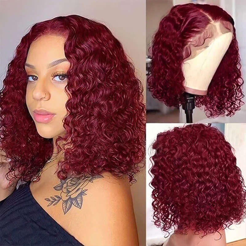 99J Bury Deep Wave Red Water Bob Glueless Human Hair 13X4 HD Transparent Lace Frontal Curly Wigs For Women