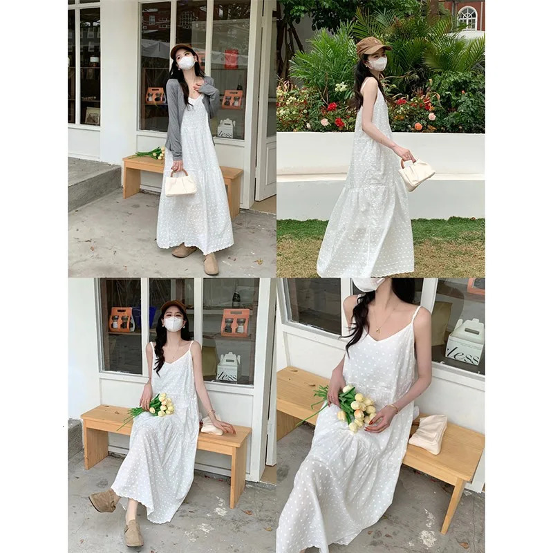Arrival Summer Korean Style Women Loose Casual Dot Embroidery Aline Sleeveless Patchwork Anklelength Dresses V883 240327
