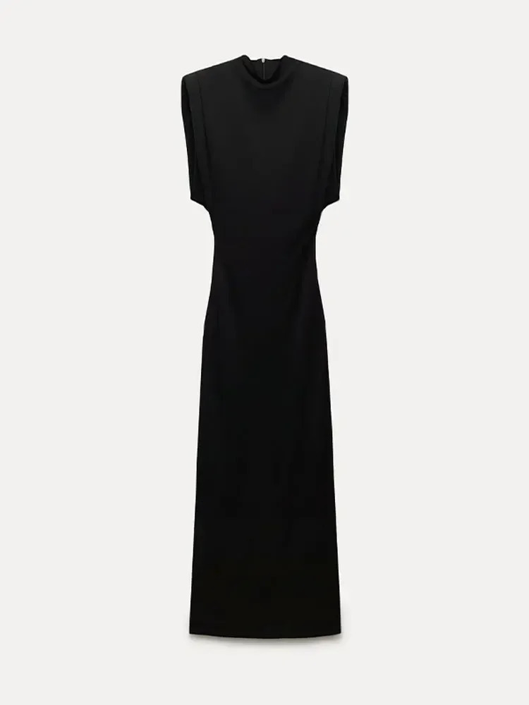Sexy Black Split Sleeveless Shoulder Pads Bodycon Dress Women Zipper Slim Midi Dresses Elegant Female Party Robe 240327