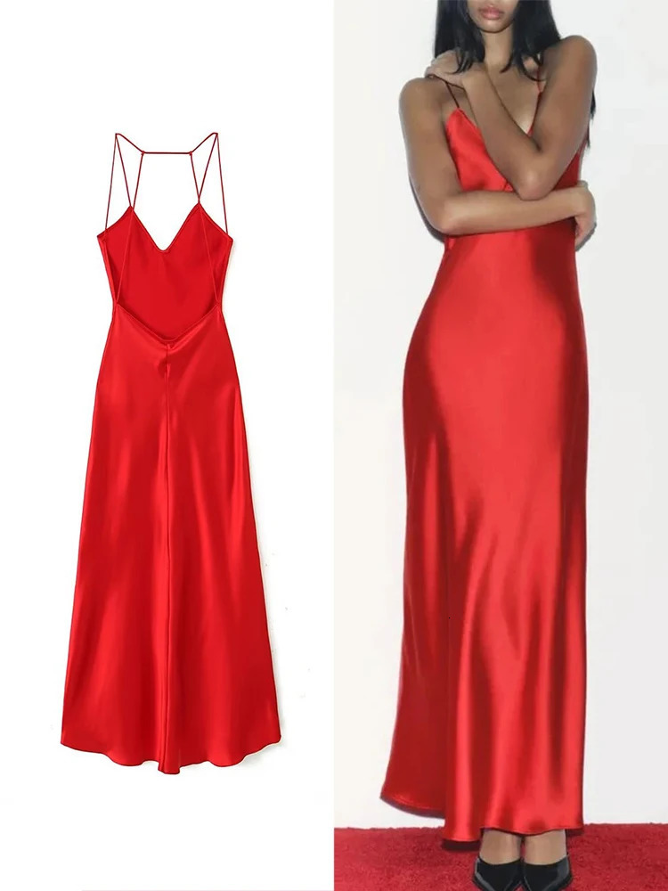 TRAFZA Womens Spaghetti Straps VNeck Backless Dress Red Sexy Long Satin Dresses Fashion Sleeveless Elegant Party 240322