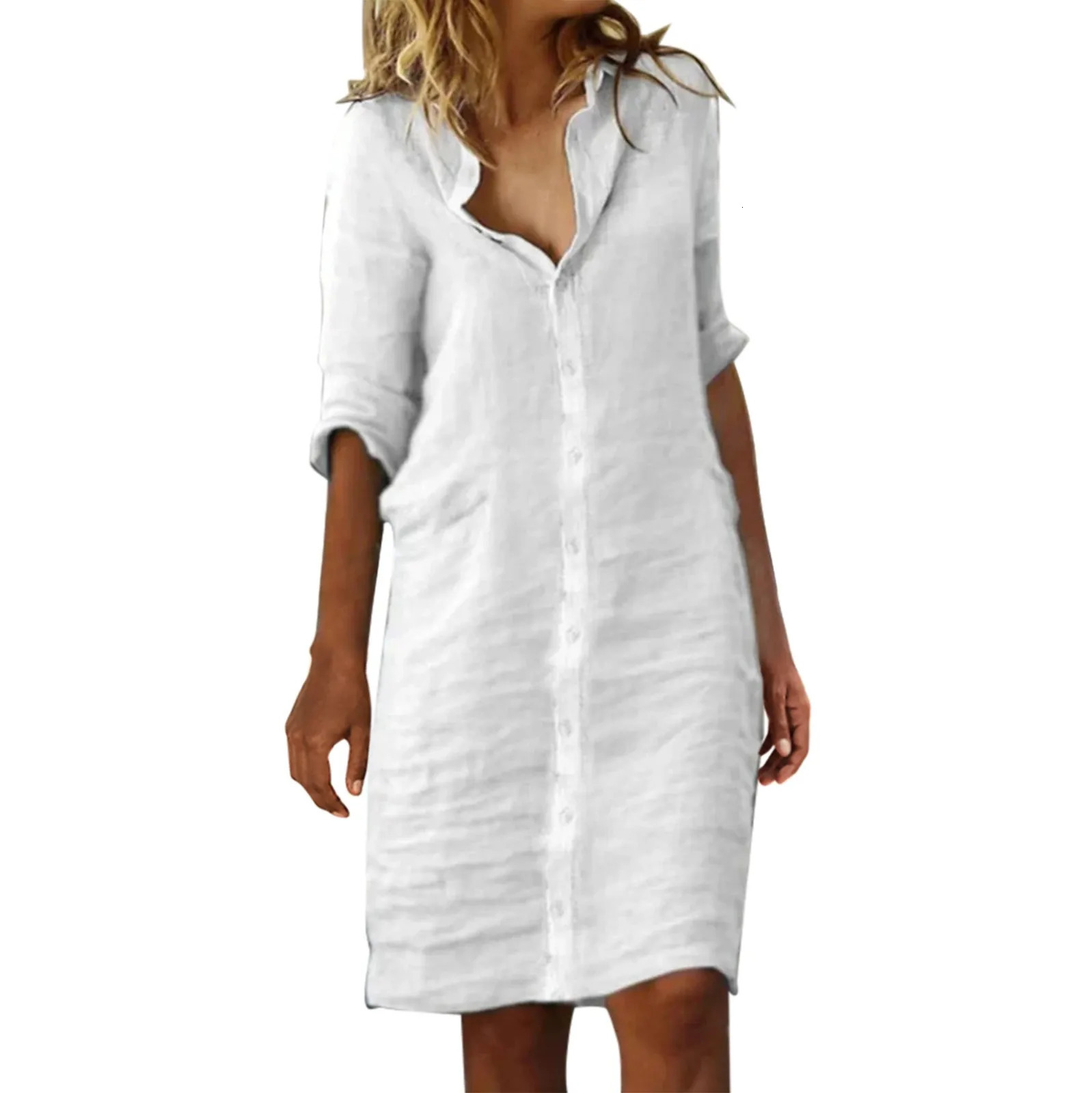 Vintage Cotton Linen Shirt Dresses for Women Summer Half Sleeve Loose Lapel Dress Ladies Casual Holiday Knee Length Robe 240327