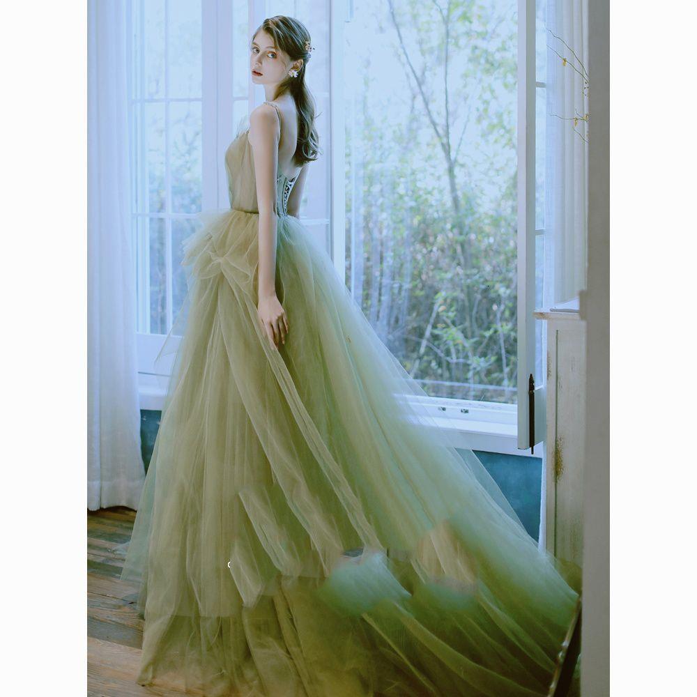 Evening Dress for Women 2024 New Green Forest Style Student Art Exam Graduation Host Dress 220923
