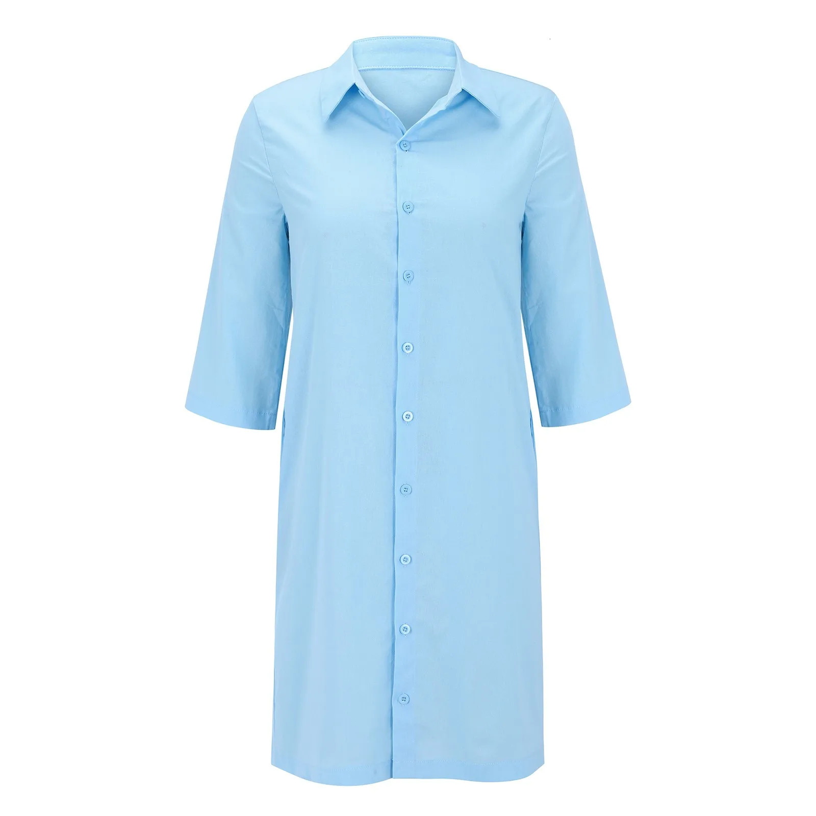 Vintage Cotton Linen Shirt Dresses for Women Summer Half Sleeve Loose Lapel Dress Ladies Casual Holiday Knee Length Robe 240327