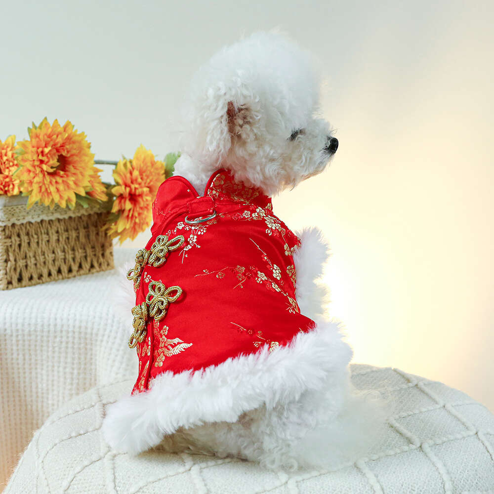 Traditional Dresses for Small Medium Dogs Girl with Lace Bow New Year Eve Princess Clothes Wedding Dress Pets Winter Teddy Party Coat Spring Festival 