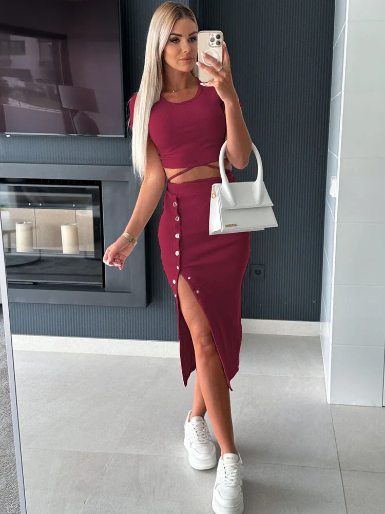 Sexy Oneck Short Knitted Crop Tops And Midi Skirt Two Piece Set 2023 Autumn Button Bodycon Pencil Dress 2 240323
