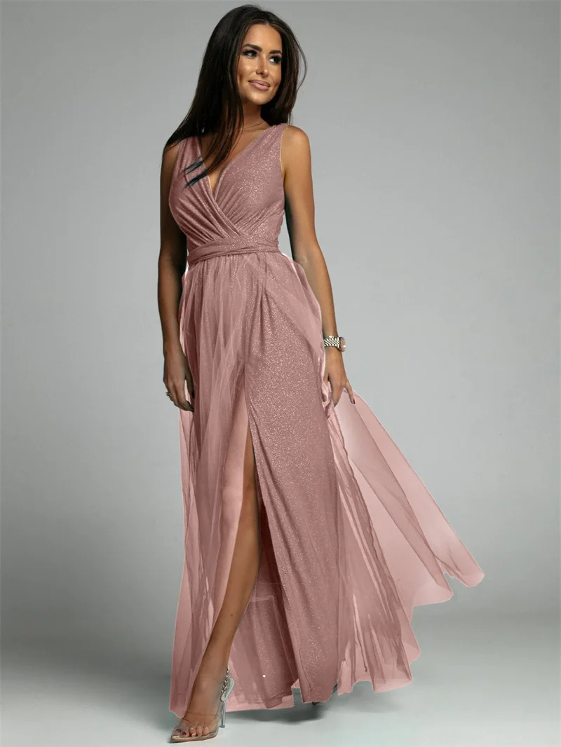 Sexy Crossover V Neck Dress Women Elegant Party Shrink Waist Sleeveless Dressy Female Split Hem Shiny Decoration Princess Skirt 240327
