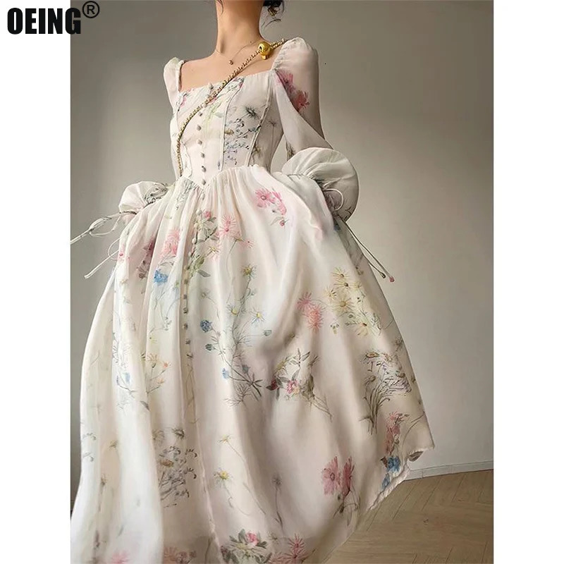 Summer Korean Style Floral Evening Party Dresses Chiffon Long Sleeve Beach Midi Fairy Dress Vestidos De Ocasion Formales 240327