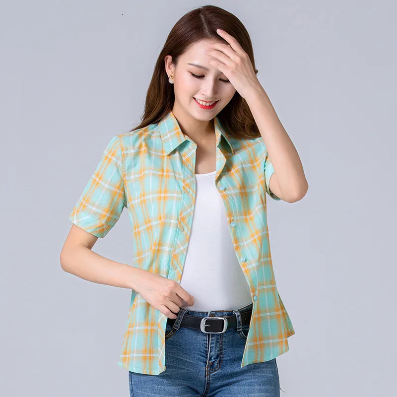 Summer Fashion Plaid Short Sleeve Shirt Women Blouse Casual Cotton Tops Fresh Girl Clothing 240327