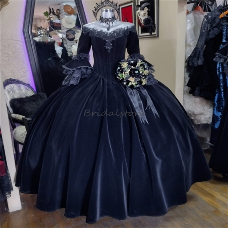 Vintage Black Queen Prom Dresses With Jackets 18th Century Europe Marie Antoinette Costume Victorian Medieval Evening Gown Velvet Lace Formal vestido 