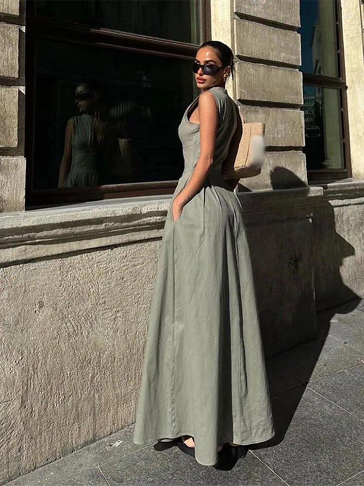 Casual Dresses Women Elegant Solid Half Zipper A-line Fashion Round Collar Sleeveless Pleated Slim Dress Female High Street Robe