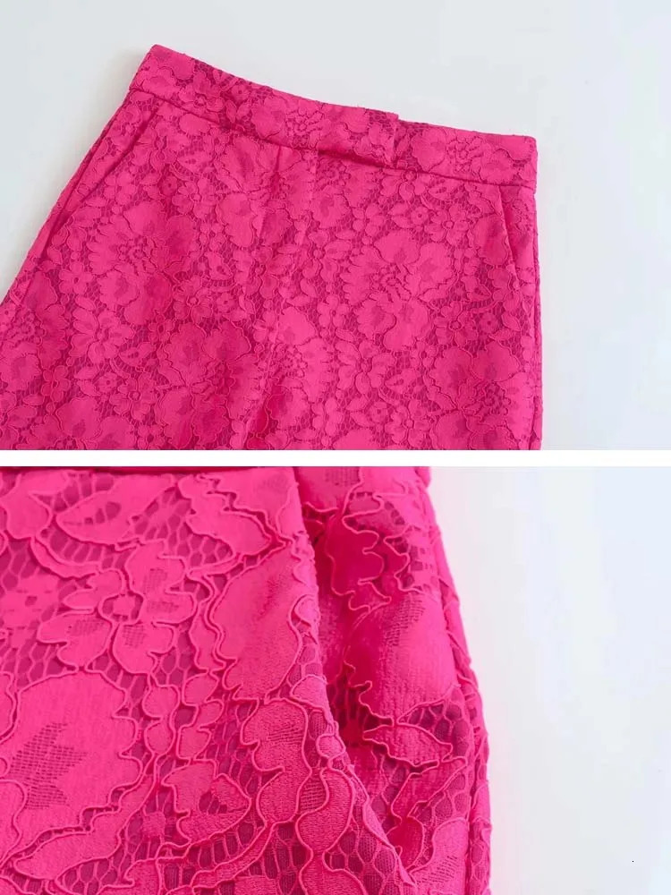 Pink Lace Blazer Set | Elegant Slim 2 Piece Wide Leg Pant Suit For Women ( Collection) B2