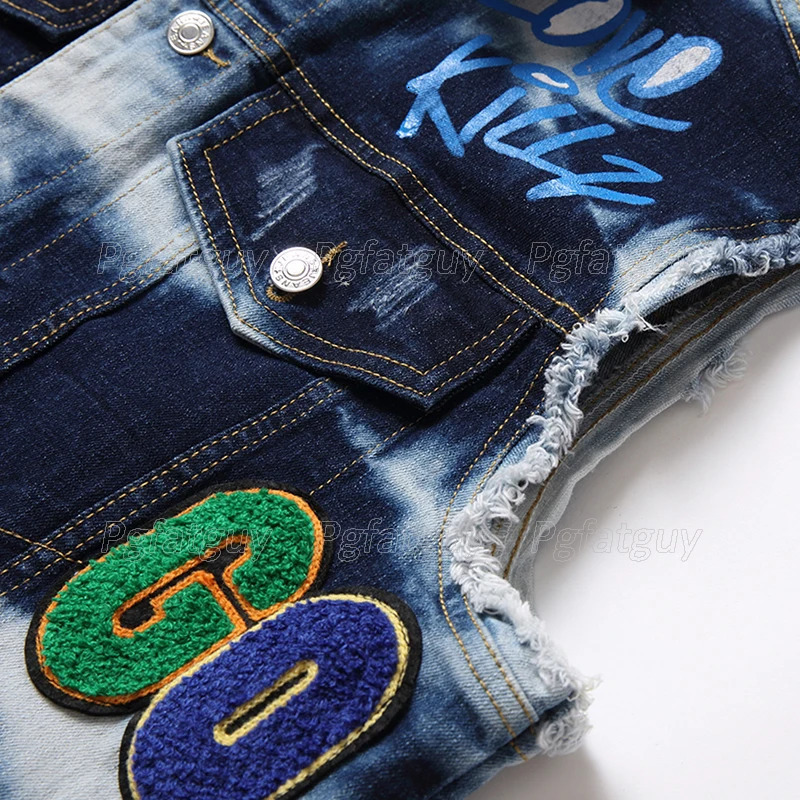 Retro Motorcycle Mens Sets Rock Badge Embroidered Waistcoat and Ripped Patch Stretch Pants Summer Vest Jeans 2 Pieces Set 240318