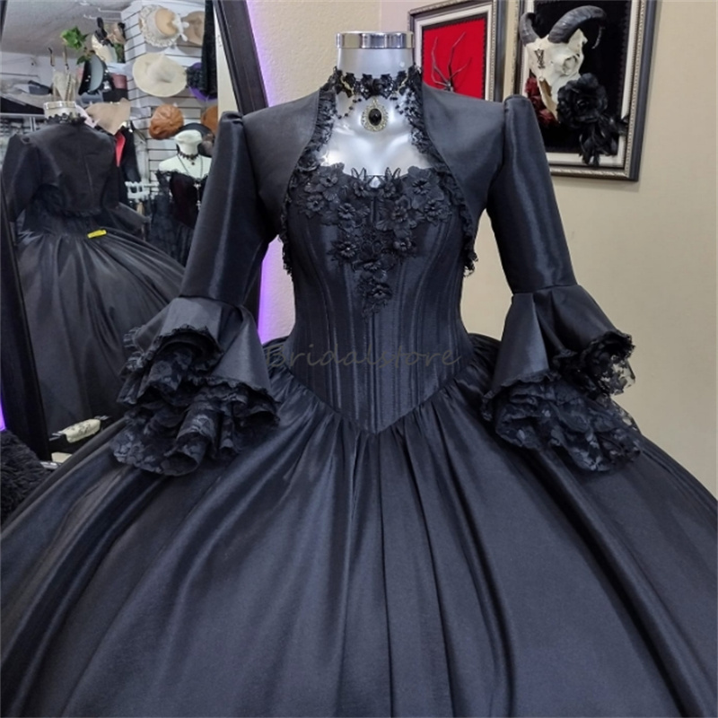 Black Rococo Historical Prom Dresses With Jackets 18th Century Europe Marie Antoinette Costume Victorian Medieval Evening Gowns Satin 3D Florals Vampi