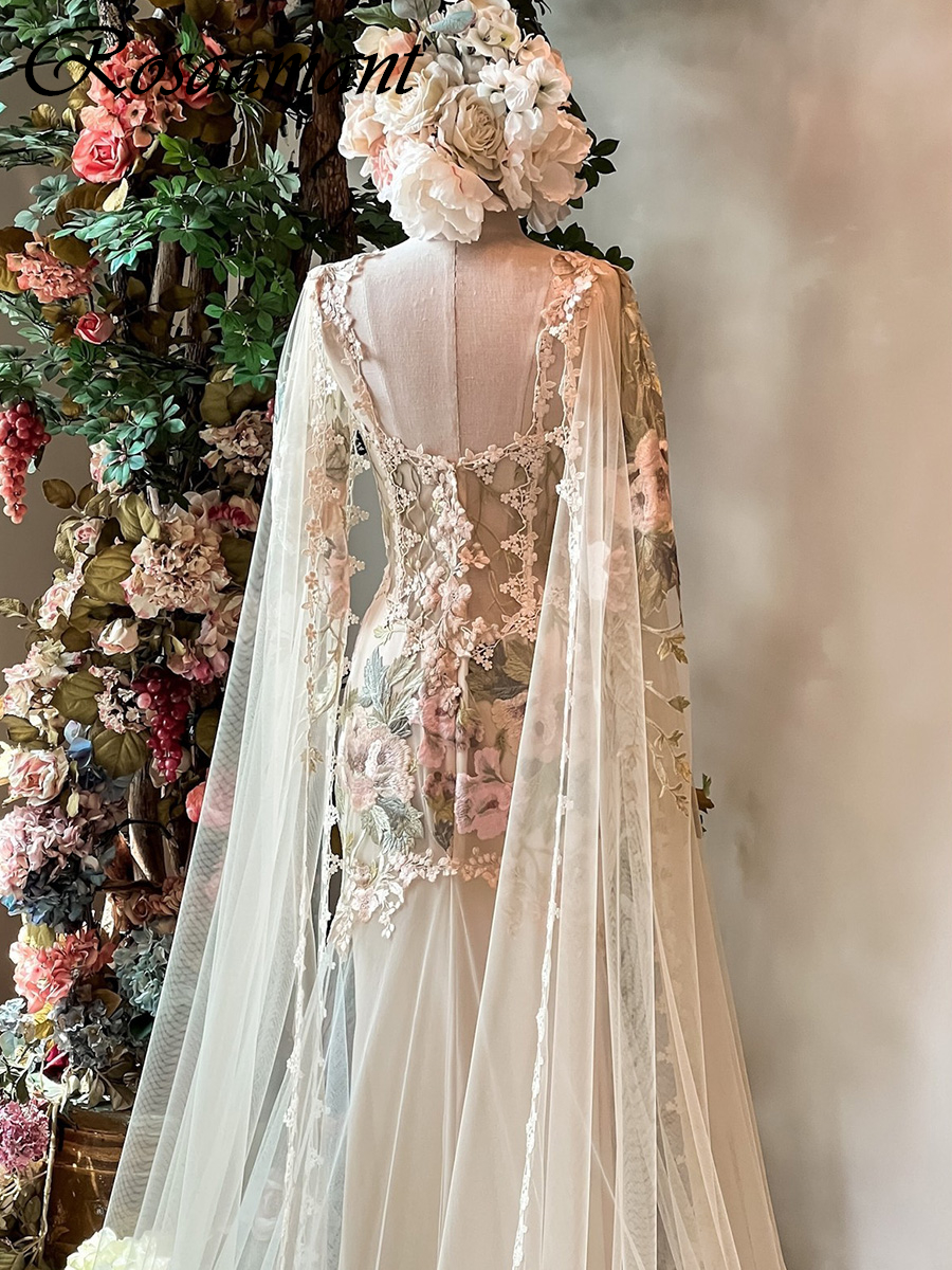 Charming Spaghetti Straps Illusion Mermaid Wedding Dresses Floral Embroidery Ribbons Bridal Gowns Robe De Mariee