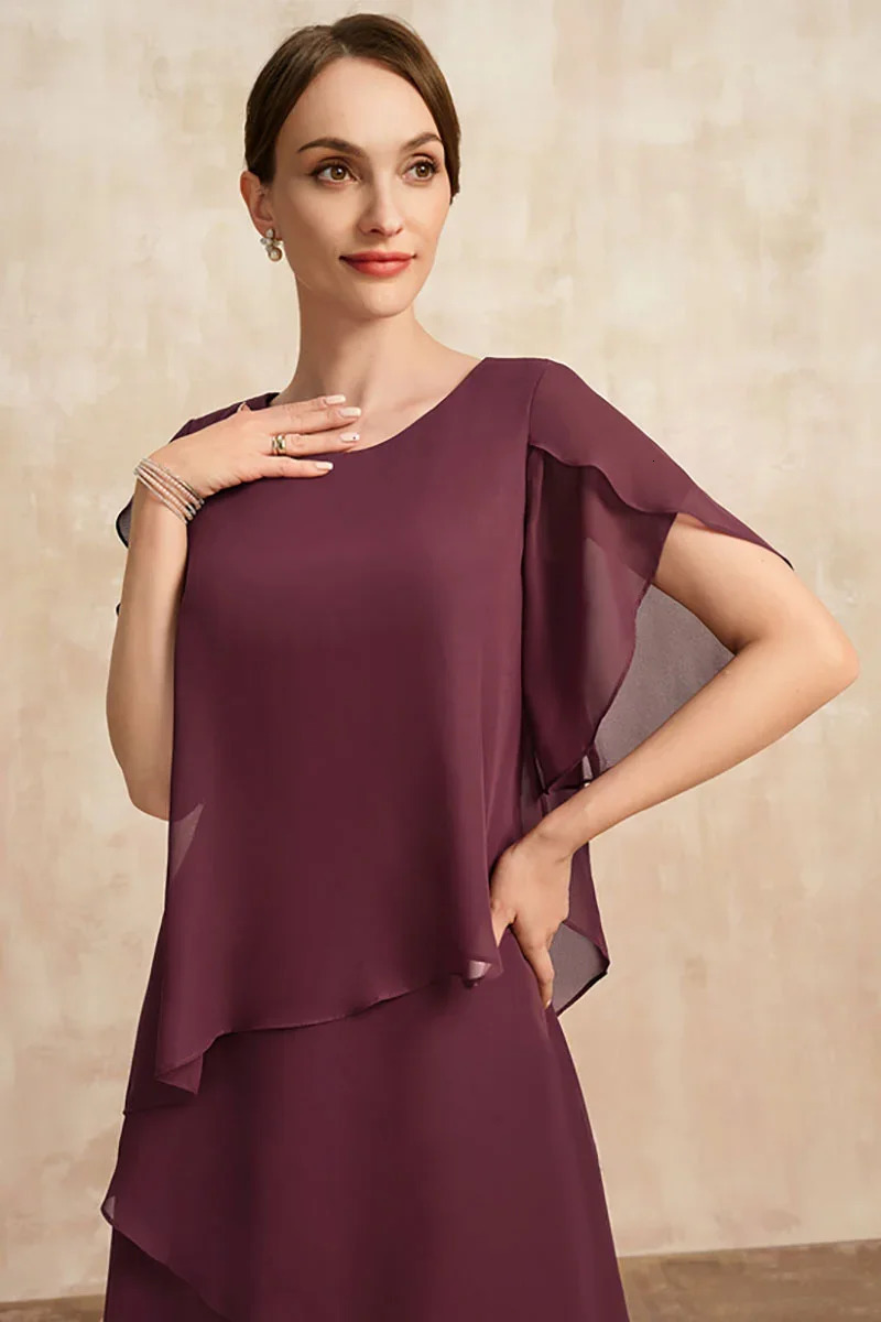 Temperament Chiffon Mother Of The Bride Dress Irregular Layered Hem Short Sleeve Maxi Party Wedding Guest Plus Size 240327