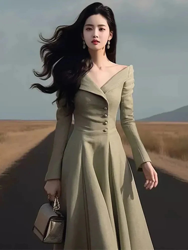 VNeck Off Shoulder Sexy Womens Dress Fashionable Forest Girl Style Solid Color Patchwork Slim ALine Dresses 240327