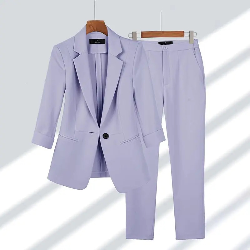 Women Blazer Pants 2 Piece Set Spring Summer Thin Office Lady Basic Joker Black Suit Coat Trousers Outfits Work Clothing Female 240327