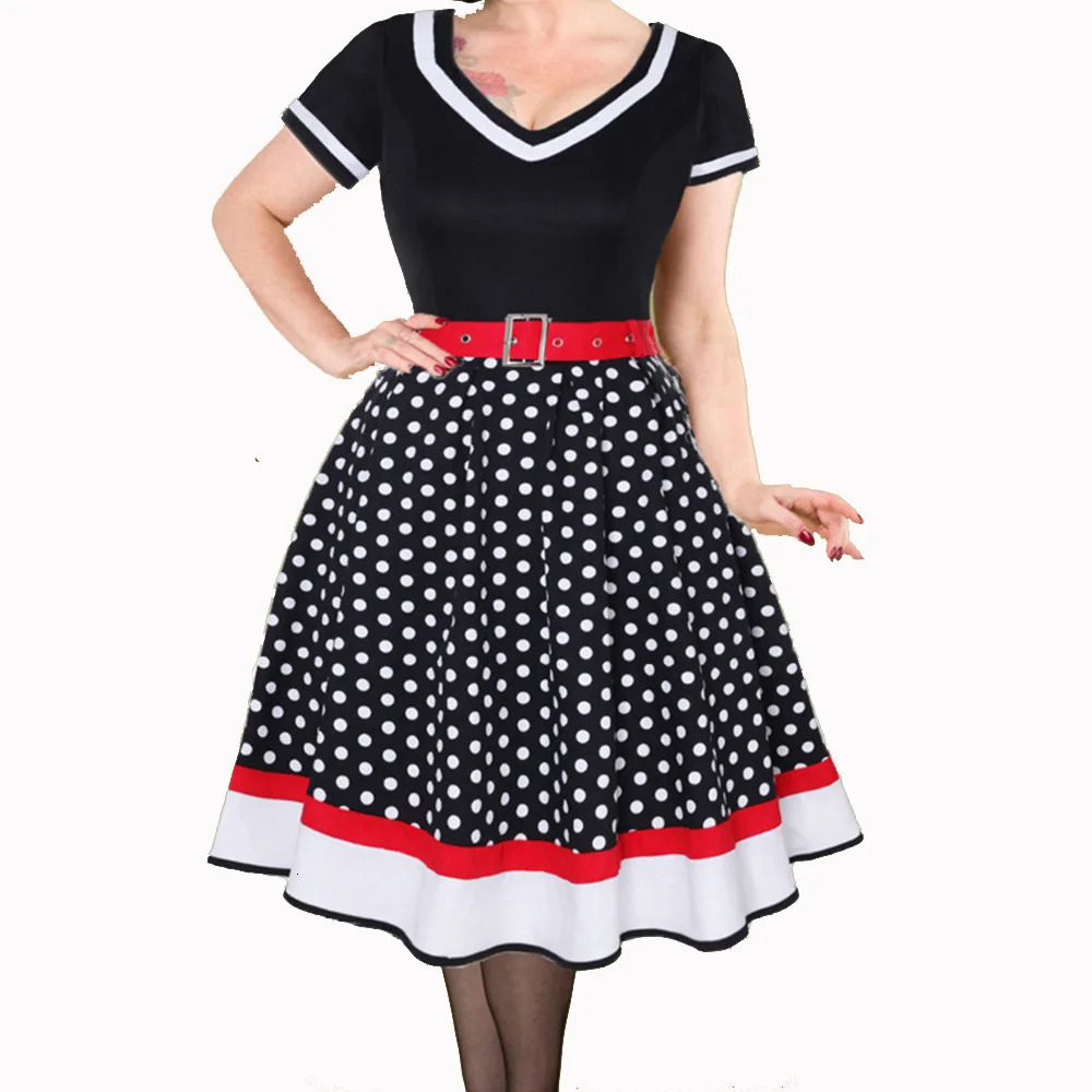 Polka Dot Swing Women Summer Dresses Hepburn Style VNeck Short Sleeve Robe Pinup Vintage Rockabilly Party Office Dress 240327