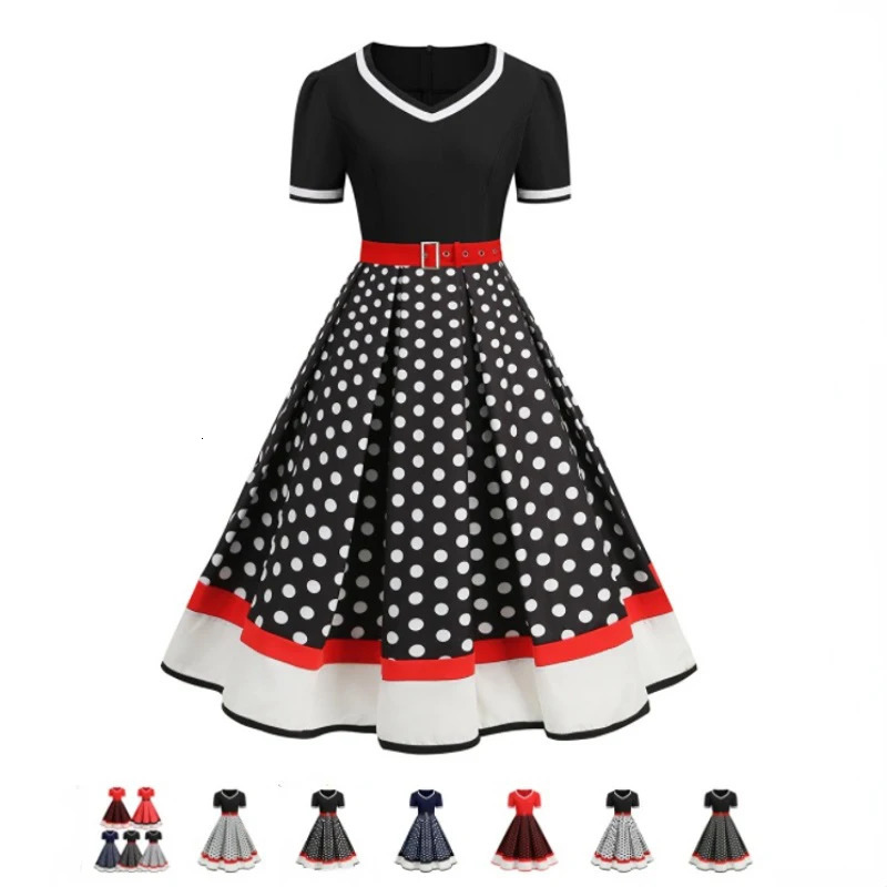 Polka Dot Swing Women Summer Dresses Hepburn Style VNeck Short Sleeve Robe Pinup Vintage Rockabilly Party Office Dress 240327