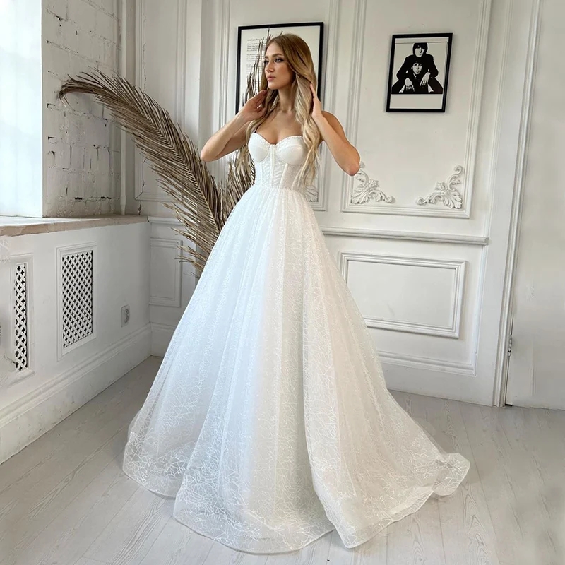 Classic Sweetheart Neckline Princess Wedding Dresses Sleeveless Glitter Tulle Bridal Gowns Robe de Mariage