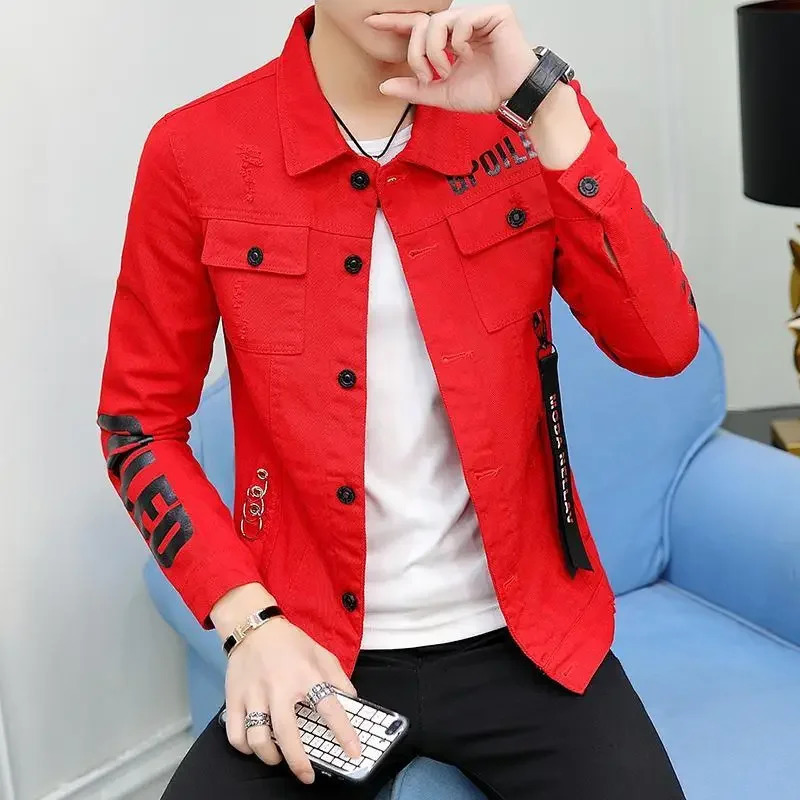 Denim Jackets Man Casual Slim Short Jeans Coat for Men Ripped with Hole Red Print Vintage Winter Big Size of Fabric Joker L 240319