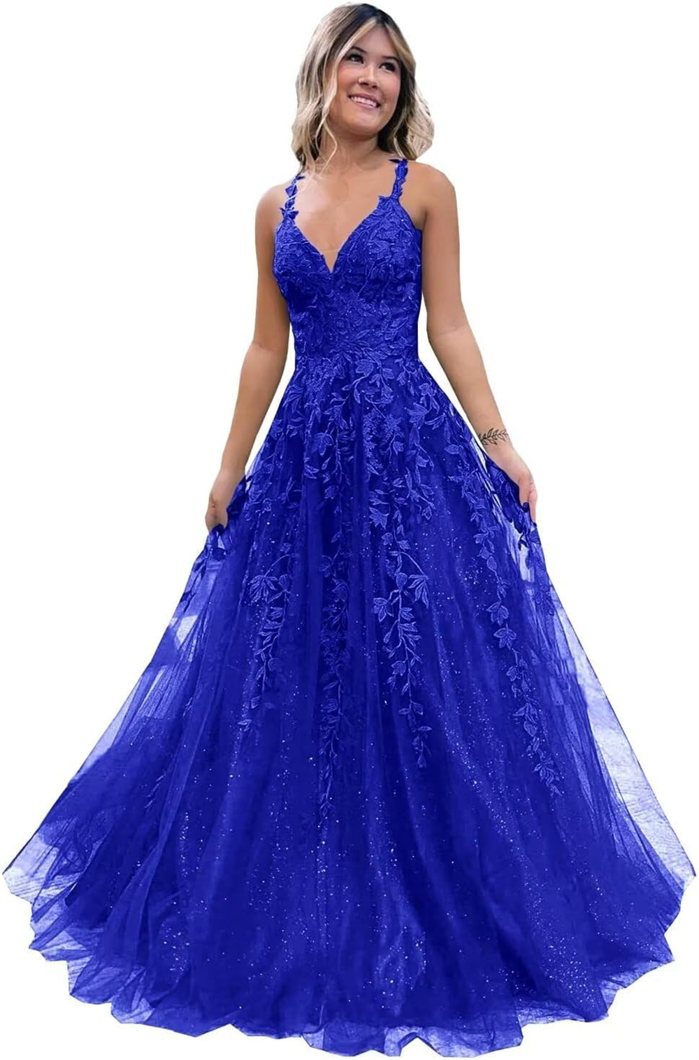 Spaghetti Long Prom Dresses Appliques Deep V-Neck Ball Gown Tulle Plus Size Lace-up Floor-Length Formal Occasion Evening Party Gown Pd06