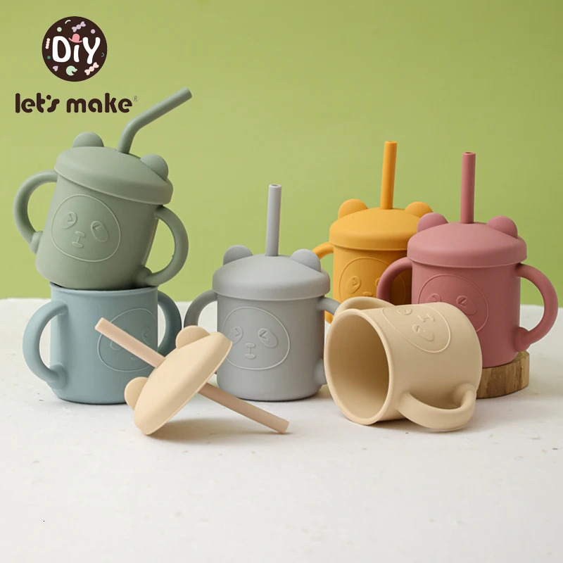 Lets Make Bear Silicone Baby Feeding Cup with Straw BPA Free Silicon Sippy Trainer Cups Handles Water Bottle 240322