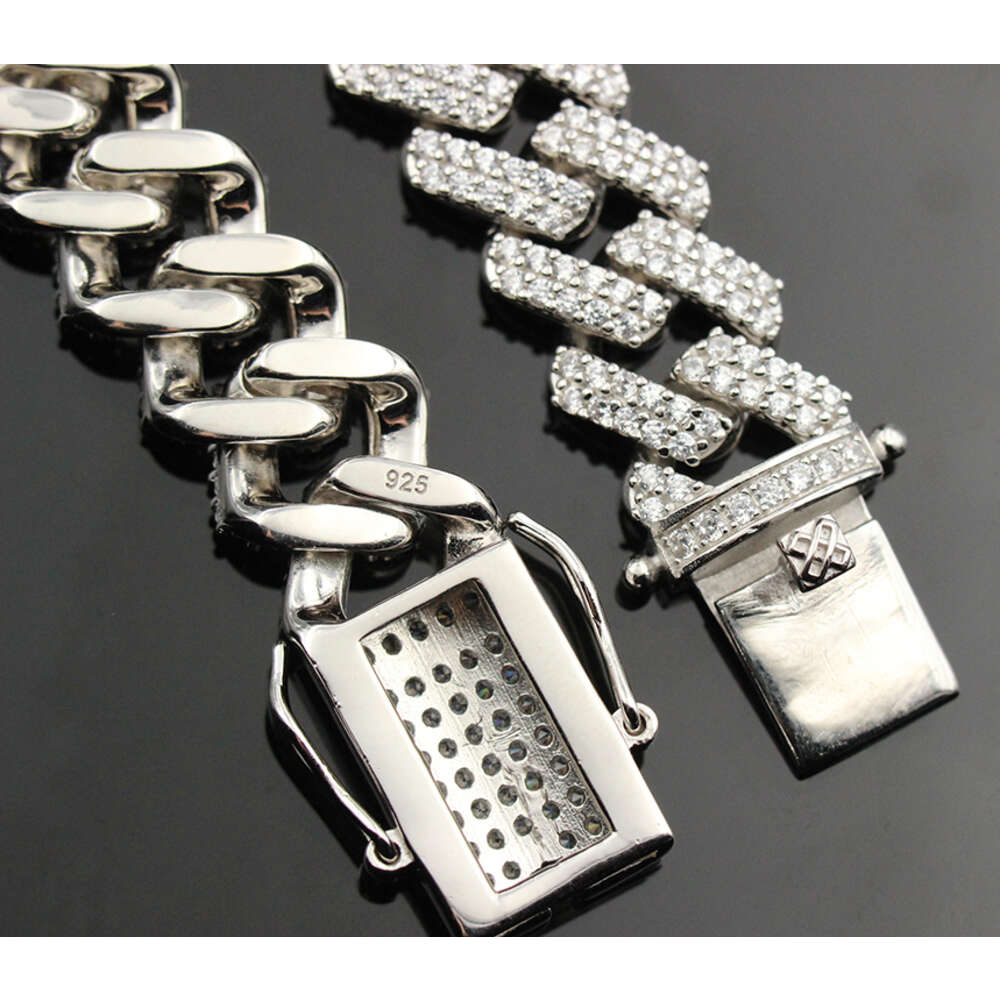Wonderful Detail 925 Silver 10-18mm Hip Hop Free Fire Moissanite Diamond 2 Rows Bracelet Cuban Link Chain