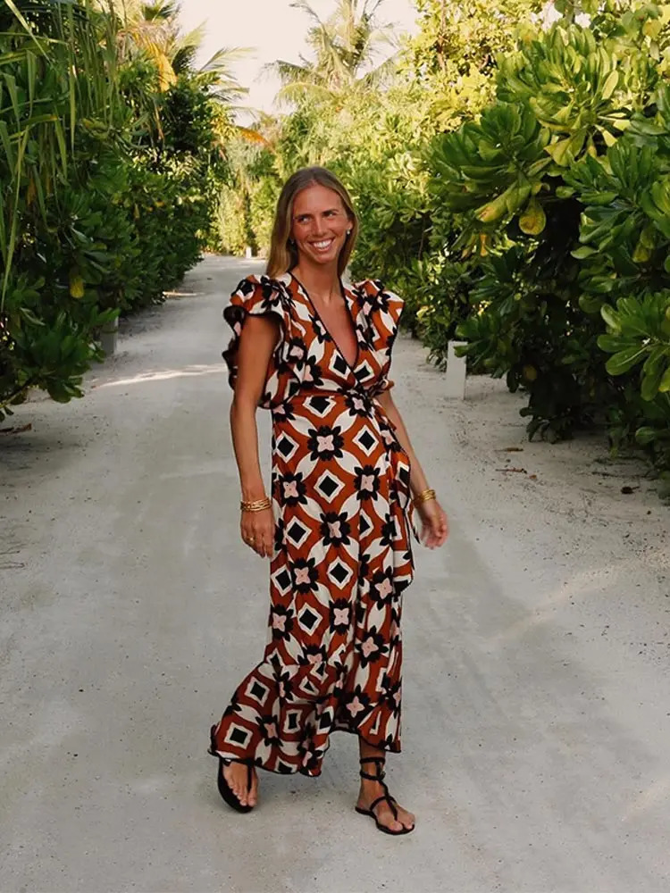 Bohe Butterfly Ruffles Sleeve Print Womens Dress Casual Slim Maxi Hem Long Vestidos Spring Summer Chic Holiday Robes Female 240321