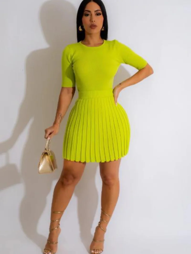 CMYAYA Women Knit Ribbed Pleated High Waist Skirts Set and Short Sleeve Tshirt Matching Two 2 Piece Dress Outfits 2023 240323