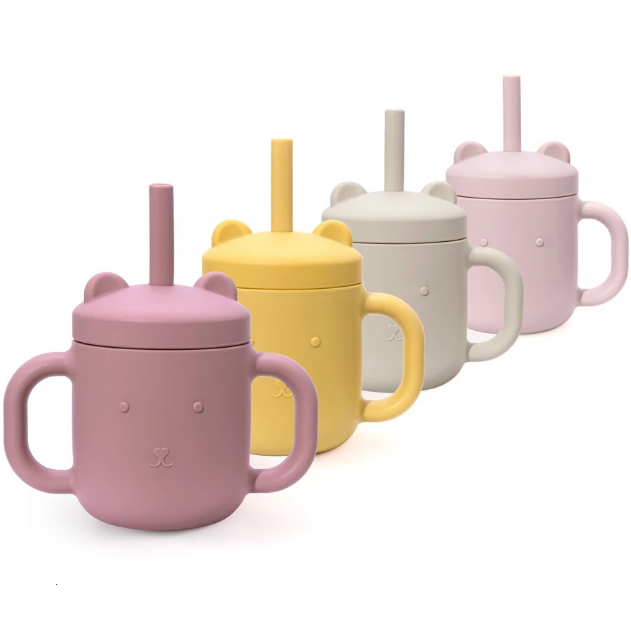 Cartoon Bear Baby Drinking Cup Double Handle Straw Feeding BPA Free Soft Silicone Learn To Drink born Accessories 240322