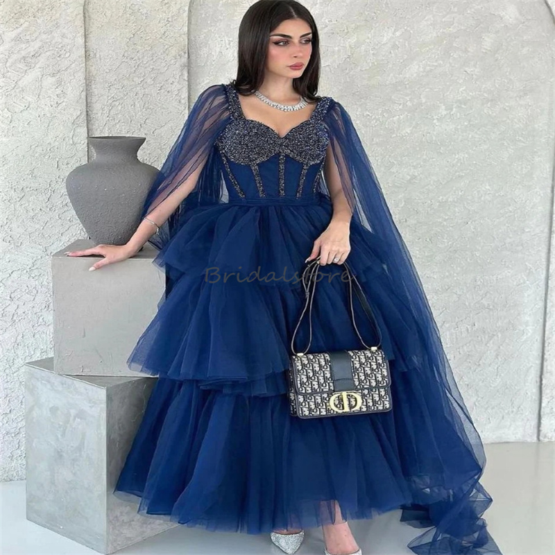 Navy Blue Saudi Arabic Evening Dresses 2024 Cape Sleeves A Line Tiered Tulle Maxi Prom Dress Ankle Length Beaded Formal Birthday Party Dress Turkish V