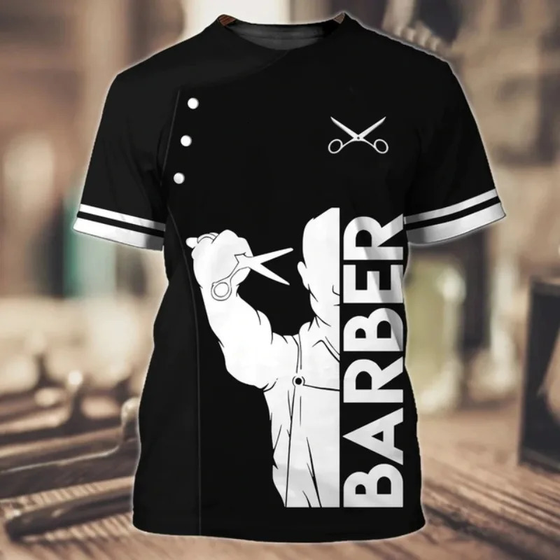 Mens 3D Printing T-shirt Customized Barber Shop Work Suit Casual Short Sleeve Sweater Summer Fashion Sale 240313