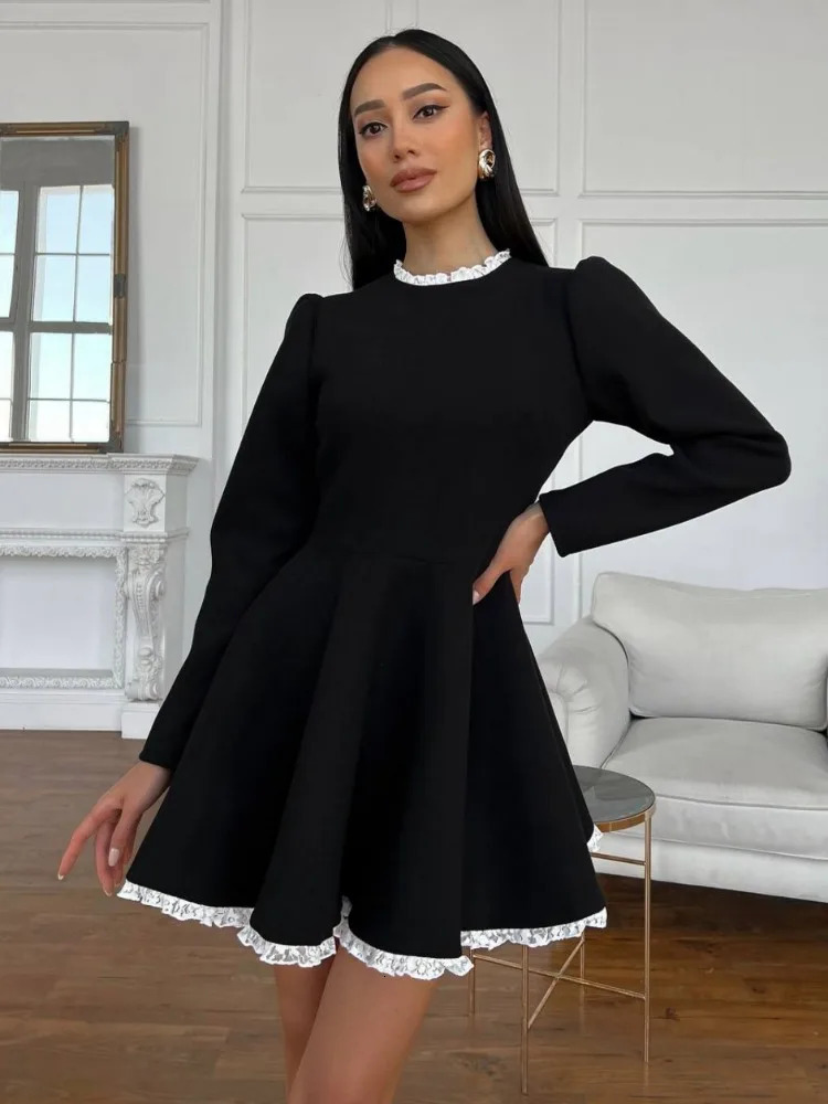 Tossy Black Lace Mini Dress For Women Fashion Patchwork High Waist Elegant Vintage Summer Party Gown 240327
